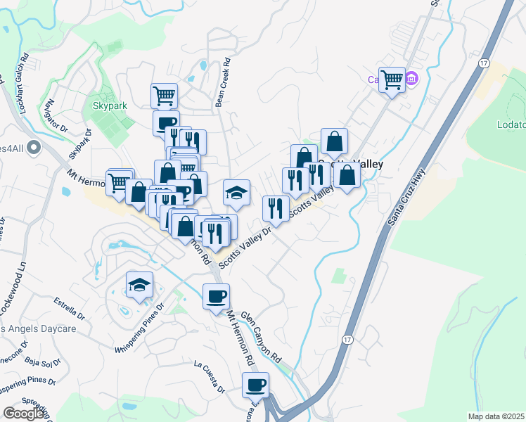 map of restaurants, bars, coffee shops, grocery stores, and more near 9 Jolley Way in Scotts Valley