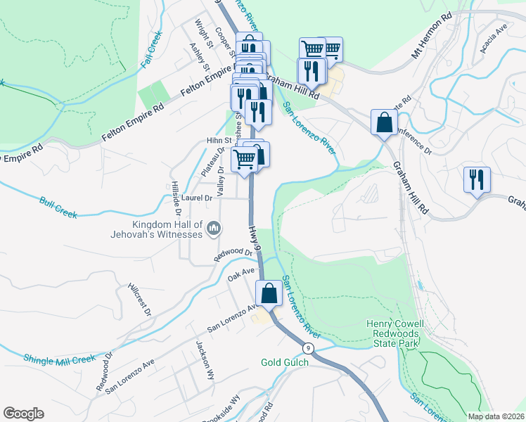 map of restaurants, bars, coffee shops, grocery stores, and more near 5854 California 9 in Felton