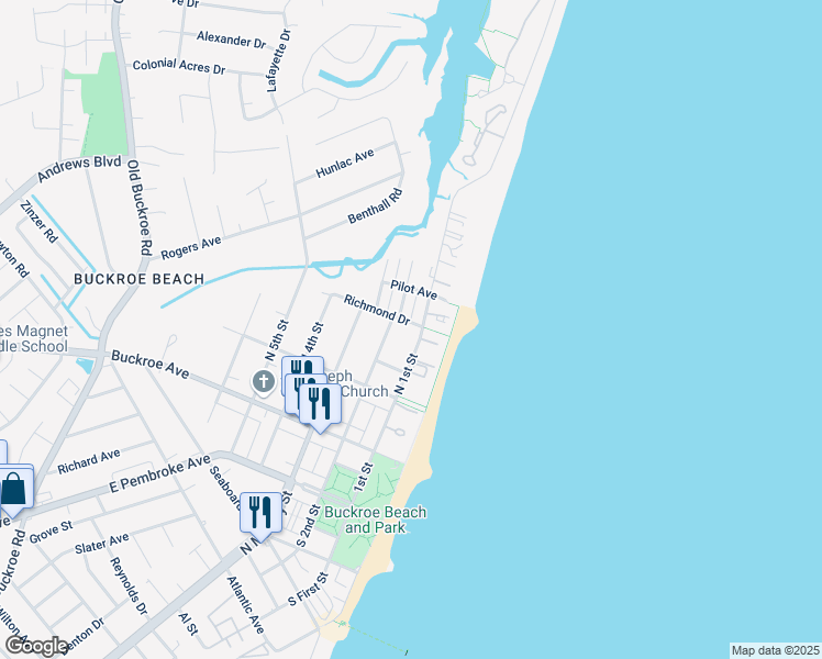 map of restaurants, bars, coffee shops, grocery stores, and more near 109 Richmond Drive in Hampton