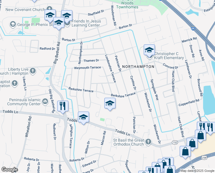 map of restaurants, bars, coffee shops, grocery stores, and more near 43 Wimbledon Terrace in Hampton