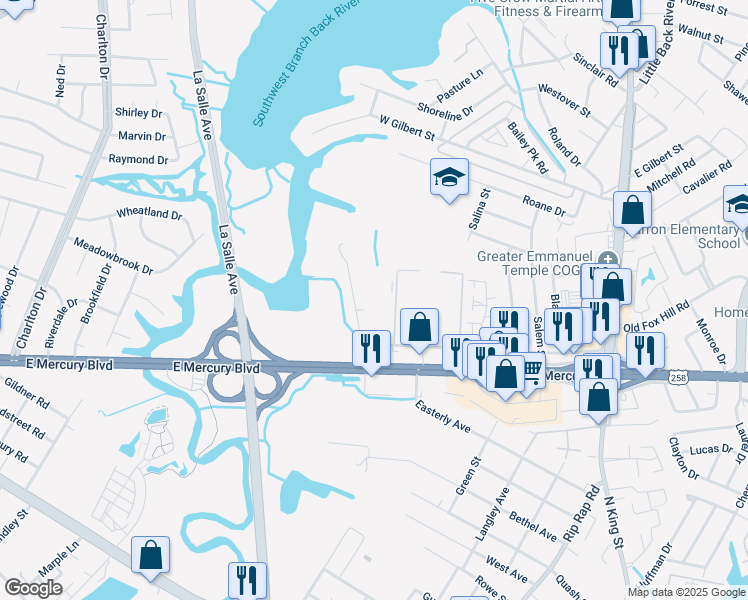 map of restaurants, bars, coffee shops, grocery stores, and more near 2002 Seldendale Drive in Hampton