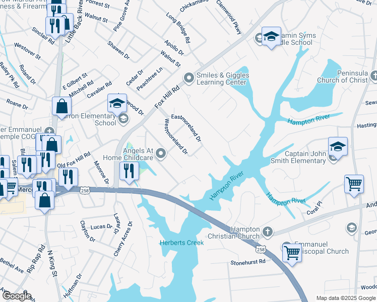 map of restaurants, bars, coffee shops, grocery stores, and more near 37 Westmoreland Drive in Hampton