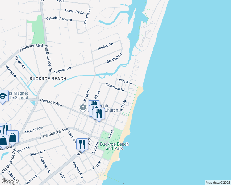 map of restaurants, bars, coffee shops, grocery stores, and more near 245 North 2nd Street in Hampton