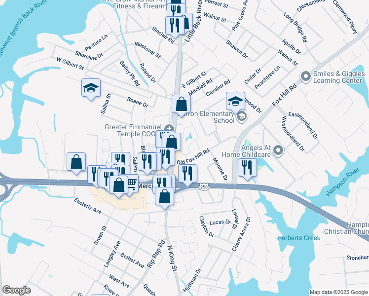 map of restaurants, bars, coffee shops, grocery stores, and more near 634 Jonquil Lane in Hampton