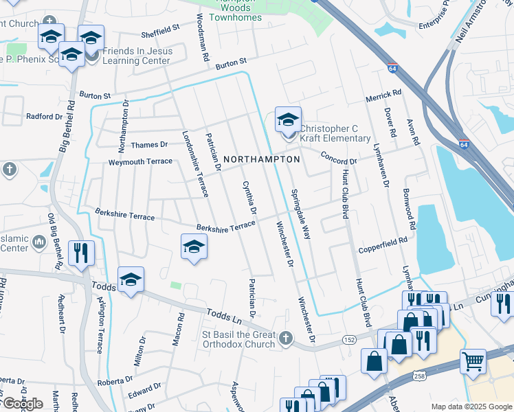 map of restaurants, bars, coffee shops, grocery stores, and more near 204 Cynthia Drive in Hampton