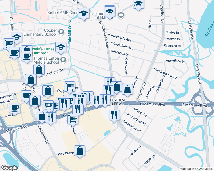 map of restaurants, bars, coffee shops, grocery stores, and more near 2013 North Armistead Avenue in Hampton
