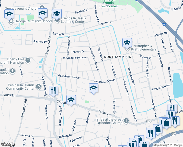 map of restaurants, bars, coffee shops, grocery stores, and more near 43 Wimbledon Terrace in Hampton