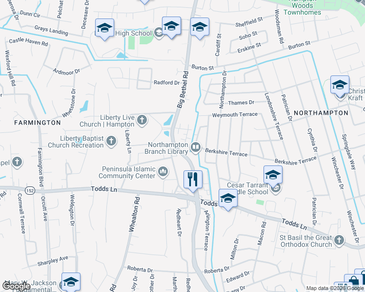 map of restaurants, bars, coffee shops, grocery stores, and more near in Hampton
