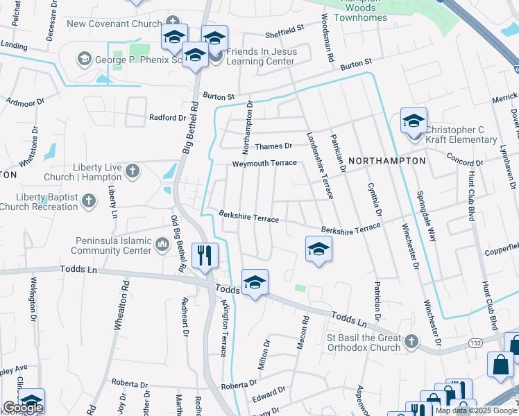 map of restaurants, bars, coffee shops, grocery stores, and more near 104 Lancaster Terrace in Hampton