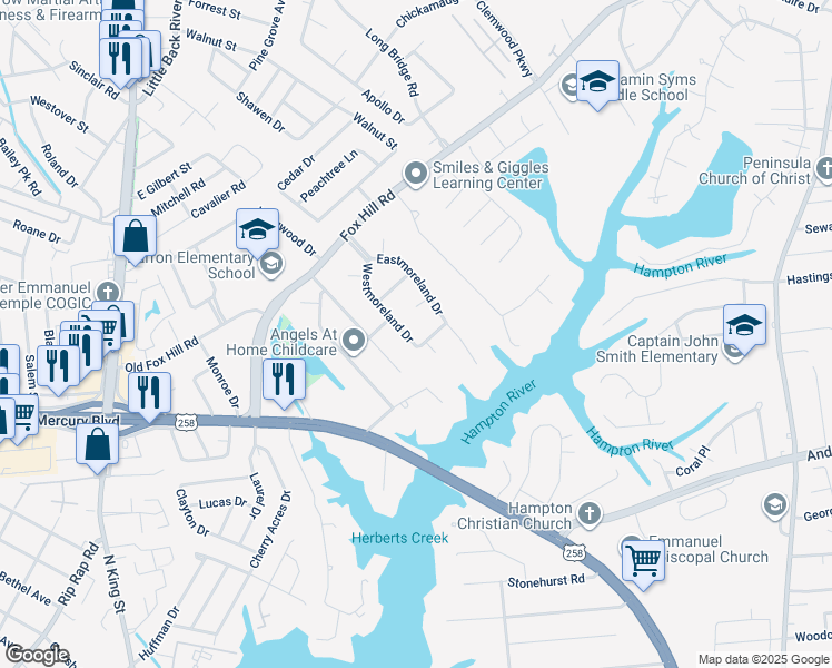 map of restaurants, bars, coffee shops, grocery stores, and more near 37 Westmoreland Drive in Hampton