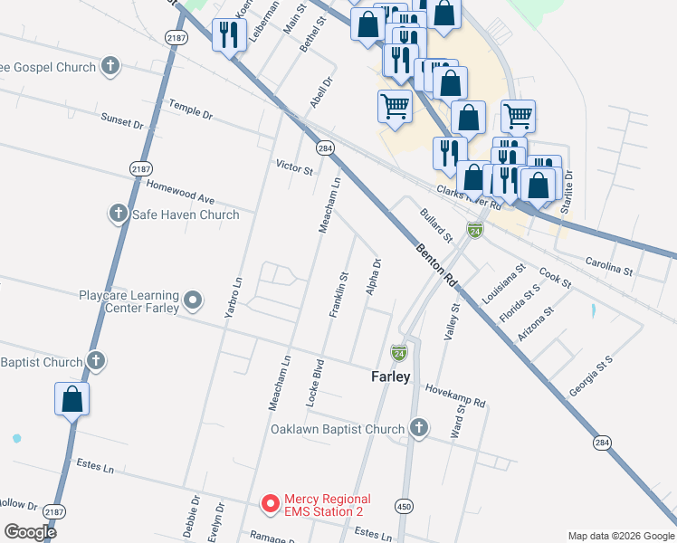 map of restaurants, bars, coffee shops, grocery stores, and more near 340 Franklin Street in Paducah