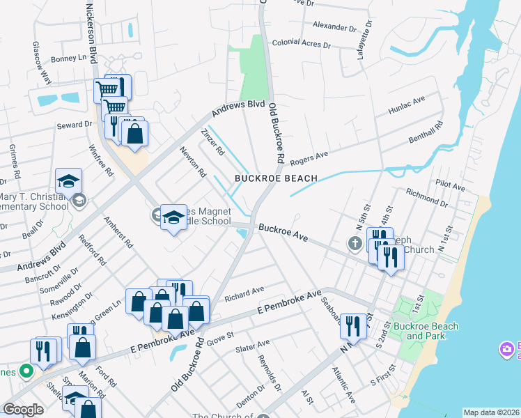 map of restaurants, bars, coffee shops, grocery stores, and more near 814 Buckroe Avenue in Hampton