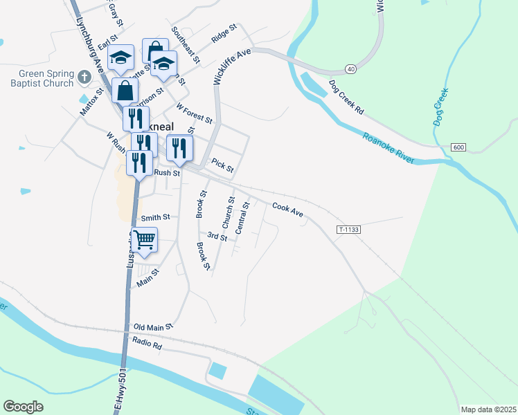 map of restaurants, bars, coffee shops, grocery stores, and more near 114 Barksdale Street in Brookneal