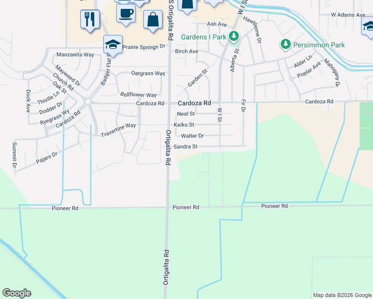 map of restaurants, bars, coffee shops, grocery stores, and more near 1013 Sandra Street in Los Banos