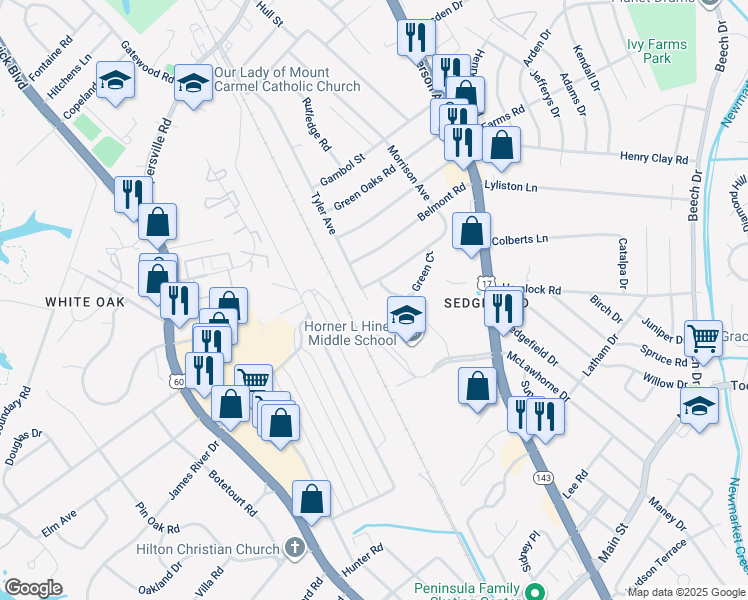 map of restaurants, bars, coffee shops, grocery stores, and more near 1162 Tyler Avenue in Newport News