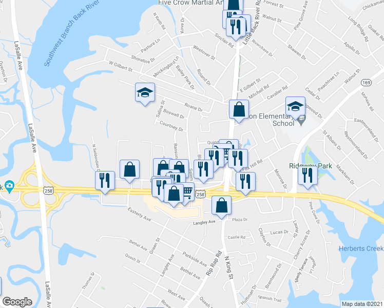 map of restaurants, bars, coffee shops, grocery stores, and more near 36 Salem Street in Hampton