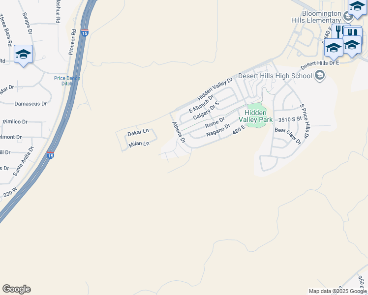 map of restaurants, bars, coffee shops, grocery stores, and more near 3629 South Atlanta Lane in St. George