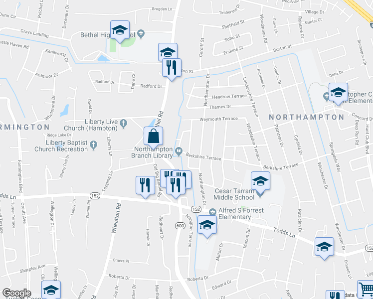 map of restaurants, bars, coffee shops, grocery stores, and more near 105 Leicester Terrace in Hampton