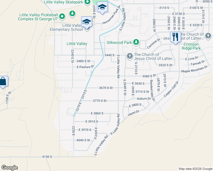 map of restaurants, bars, coffee shops, grocery stores, and more near 2460 East 3670 South in St. George