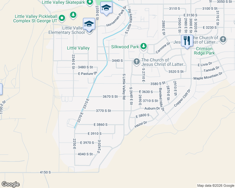 map of restaurants, bars, coffee shops, grocery stores, and more near 2536 East 3670 South in St. George