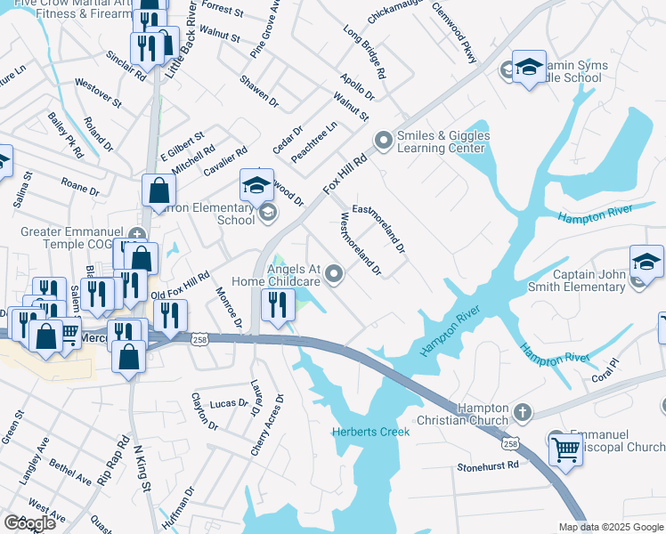map of restaurants, bars, coffee shops, grocery stores, and more near 25 Saint Albans Drive in Hampton