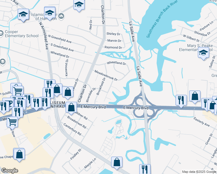 map of restaurants, bars, coffee shops, grocery stores, and more near 23 Hodges Drive in Hampton