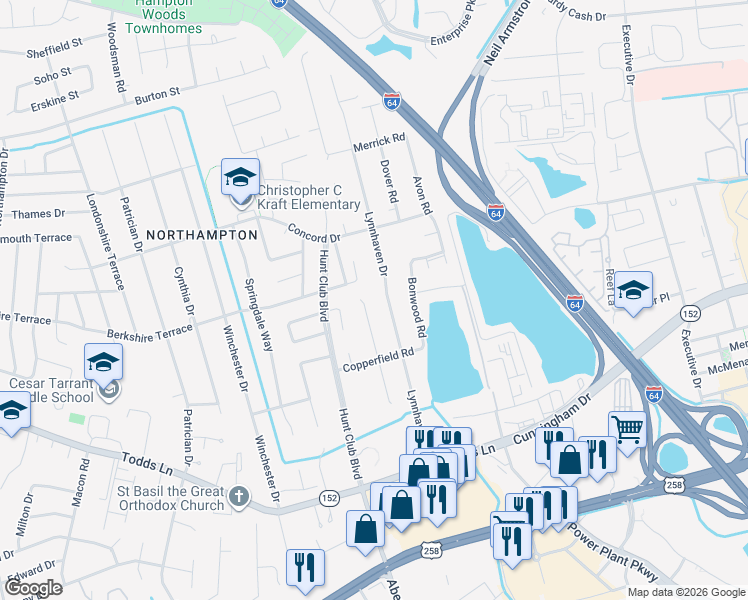 map of restaurants, bars, coffee shops, grocery stores, and more near in Hampton