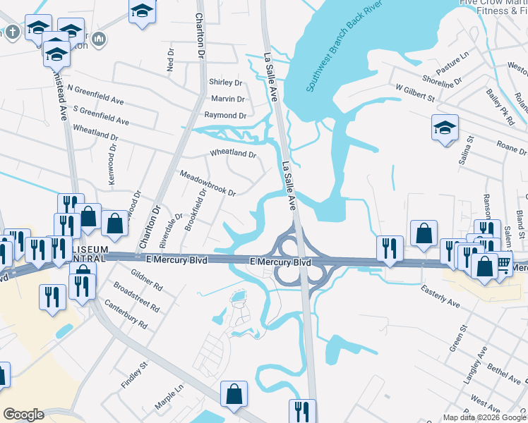map of restaurants, bars, coffee shops, grocery stores, and more near 13 Tom Jones Court in Hampton