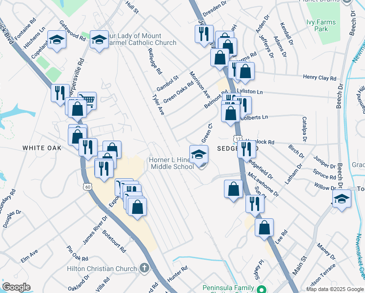 map of restaurants, bars, coffee shops, grocery stores, and more near 1162 Tyler Avenue in Newport News