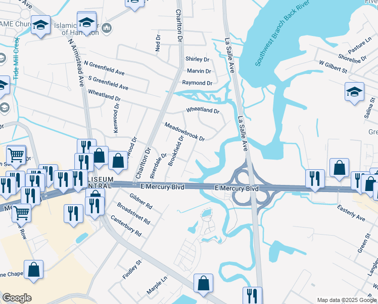 map of restaurants, bars, coffee shops, grocery stores, and more near 23 Hodges Drive in Hampton