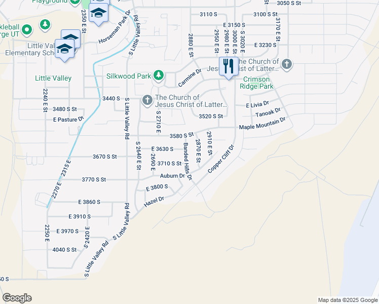 map of restaurants, bars, coffee shops, grocery stores, and more near 3651 Banded Hills Drive in St. George