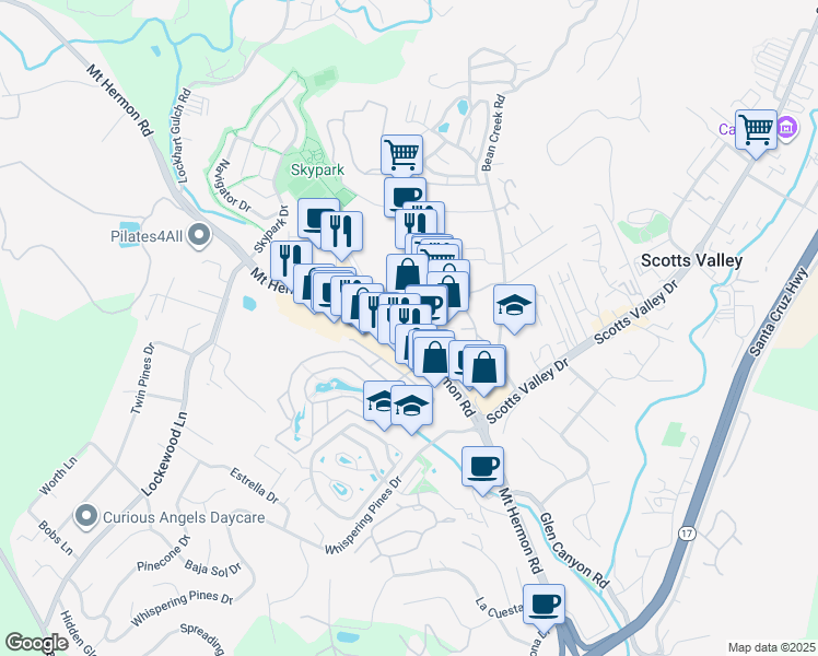 map of restaurants, bars, coffee shops, grocery stores, and more near 100 Kings Village Road in Scotts Valley