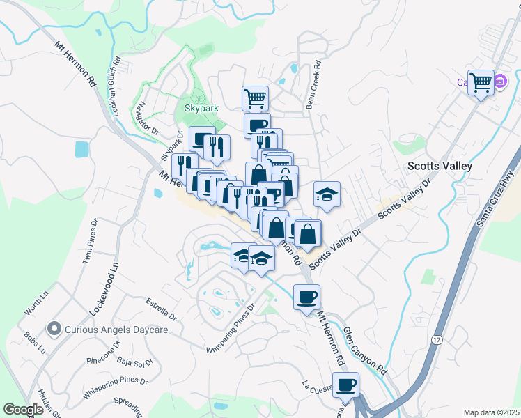map of restaurants, bars, coffee shops, grocery stores, and more near 100 Kings Village Road in Scotts Valley