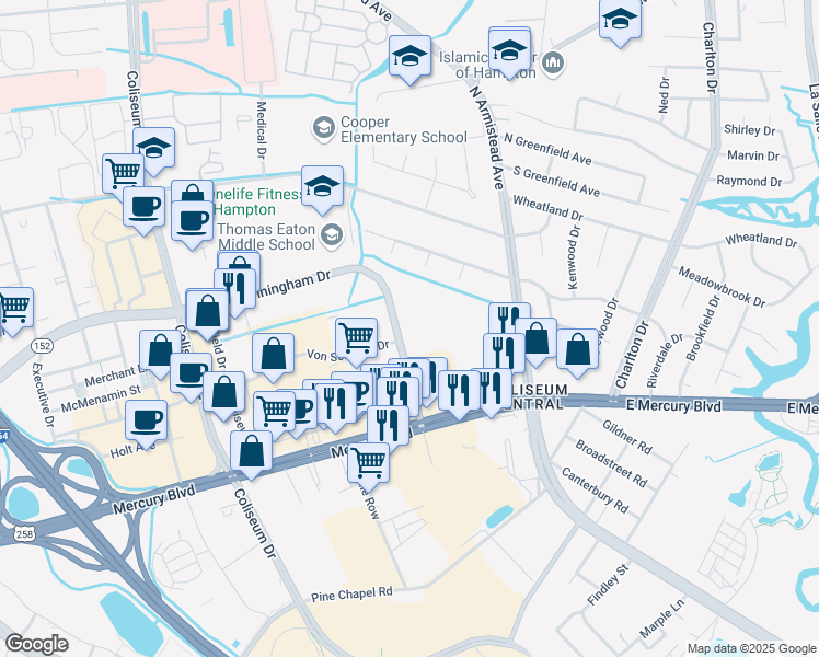 map of restaurants, bars, coffee shops, grocery stores, and more near 2020 Cunningham Drive in Hampton