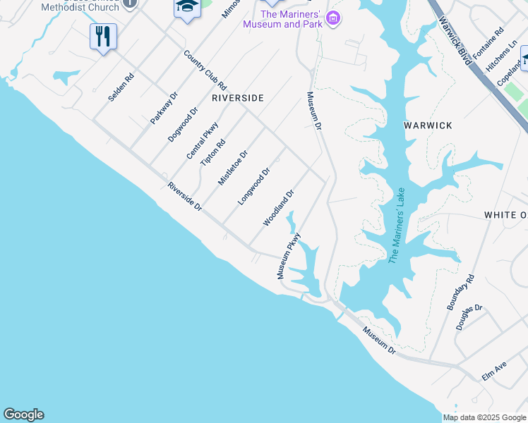 map of restaurants, bars, coffee shops, grocery stores, and more near 119 Woodland Drive in Newport News