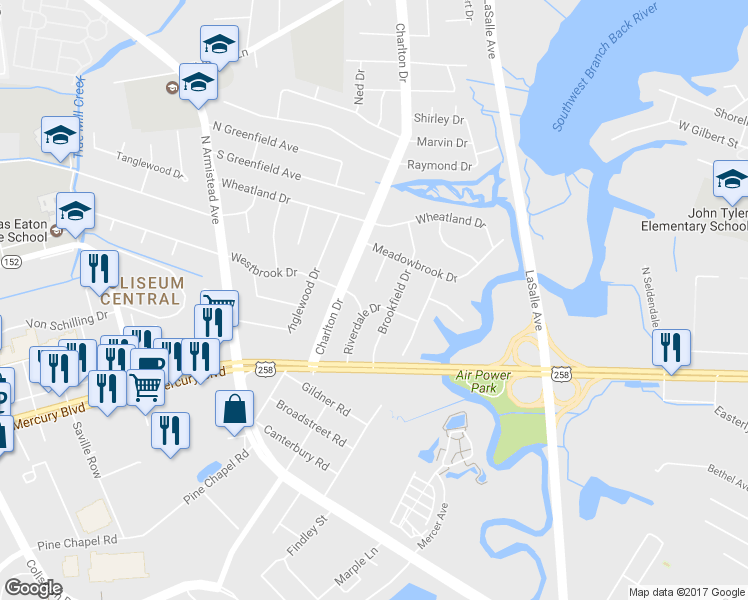 map of restaurants, bars, coffee shops, grocery stores, and more near 8 Commander Drive in Hampton