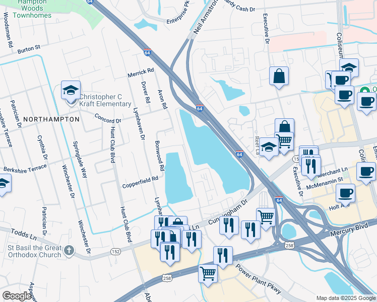 map of restaurants, bars, coffee shops, grocery stores, and more near 119 Reflection Lane in Hampton