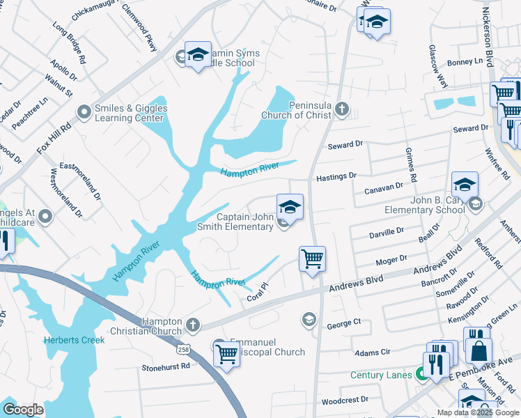map of restaurants, bars, coffee shops, grocery stores, and more near 315 Beechmount Drive in Hampton