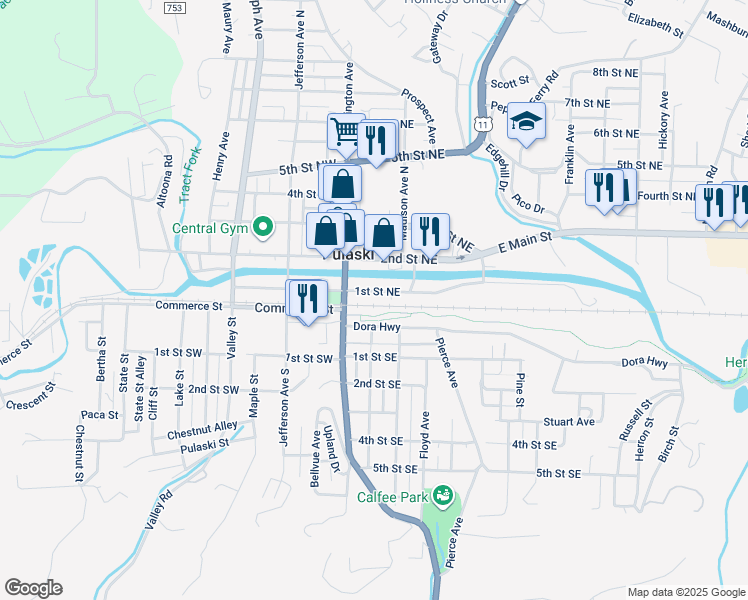 map of restaurants, bars, coffee shops, grocery stores, and more near 91 1st Street Northeast in Pulaski