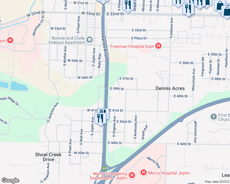 map of restaurants, bars, coffee shops, grocery stores, and more near 109 East 39th Street in Joplin