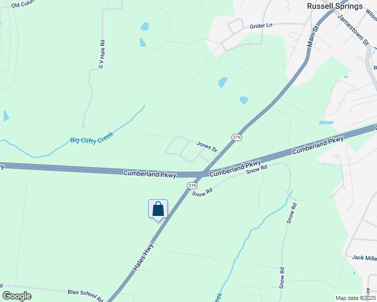 map of restaurants, bars, coffee shops, grocery stores, and more near Jones Drive in Russell Springs