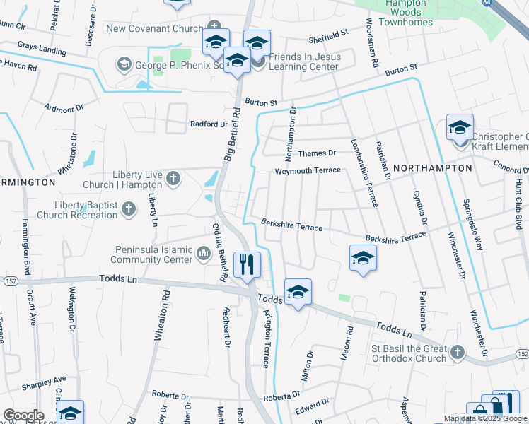 map of restaurants, bars, coffee shops, grocery stores, and more near 105 Leicester Terrace in Hampton