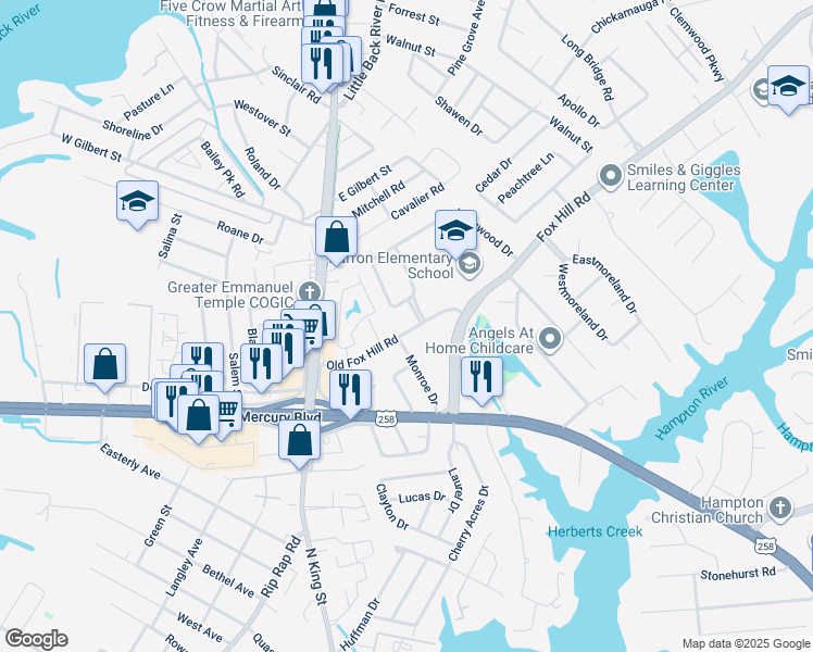 map of restaurants, bars, coffee shops, grocery stores, and more near 33 Old Fox Hill Road in Hampton