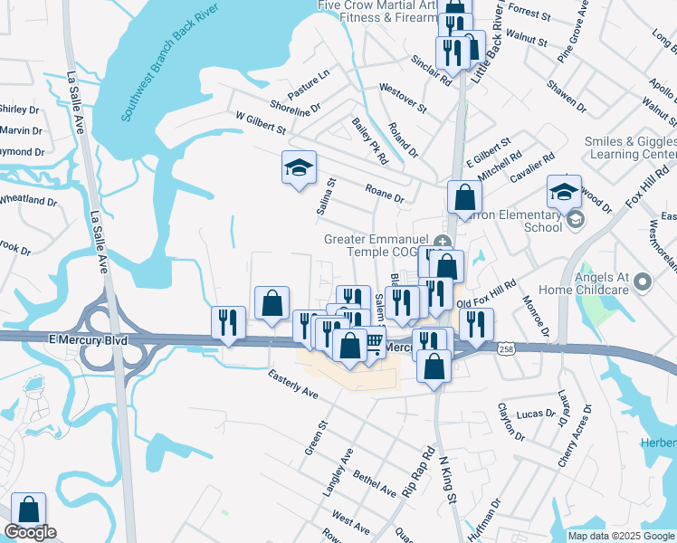 map of restaurants, bars, coffee shops, grocery stores, and more near 141 Ransone Street in Hampton
