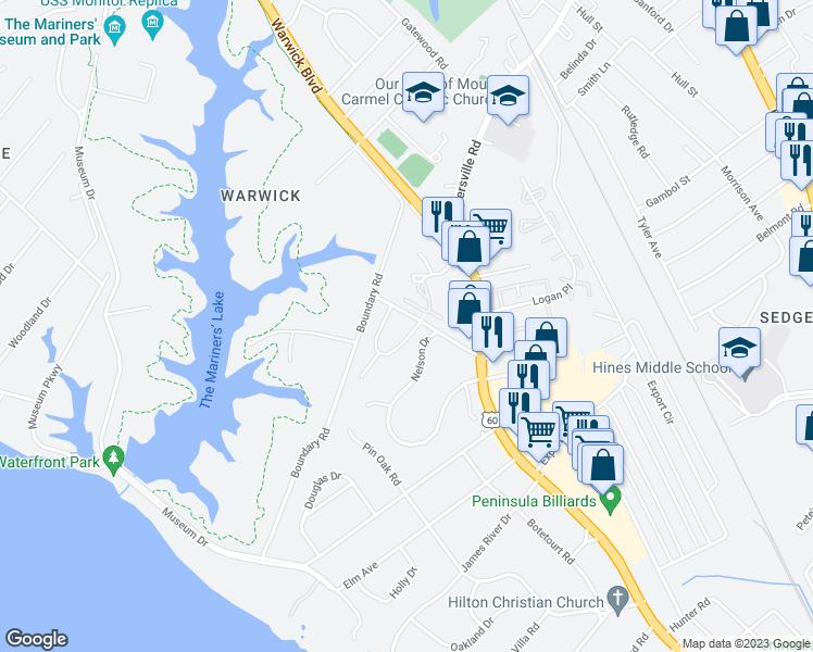 map of restaurants, bars, coffee shops, grocery stores, and more near 4 White Oak Drive in Newport News