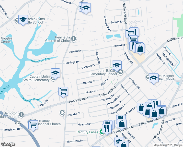 map of restaurants, bars, coffee shops, grocery stores, and more near 370 Woodland Road in Hampton