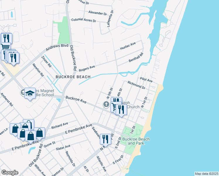 map of restaurants, bars, coffee shops, grocery stores, and more near 211 North 5th Street in Hampton