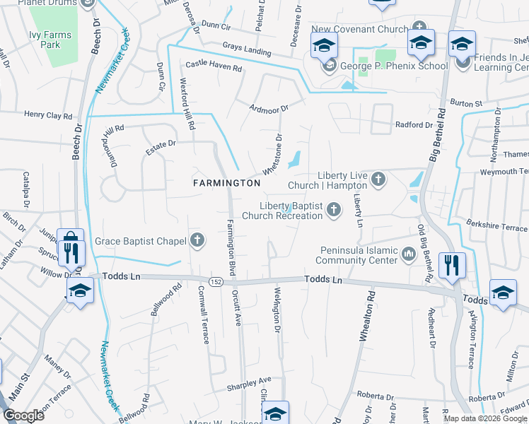 map of restaurants, bars, coffee shops, grocery stores, and more near 2 Post Oak Court in Hampton