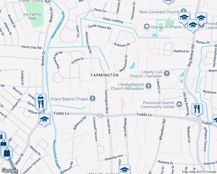 map of restaurants, bars, coffee shops, grocery stores, and more near 1 Springmeadow Court in Hampton