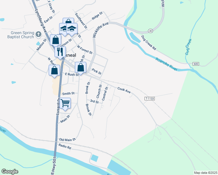 map of restaurants, bars, coffee shops, grocery stores, and more near 403 Cook Avenue in Brookneal
